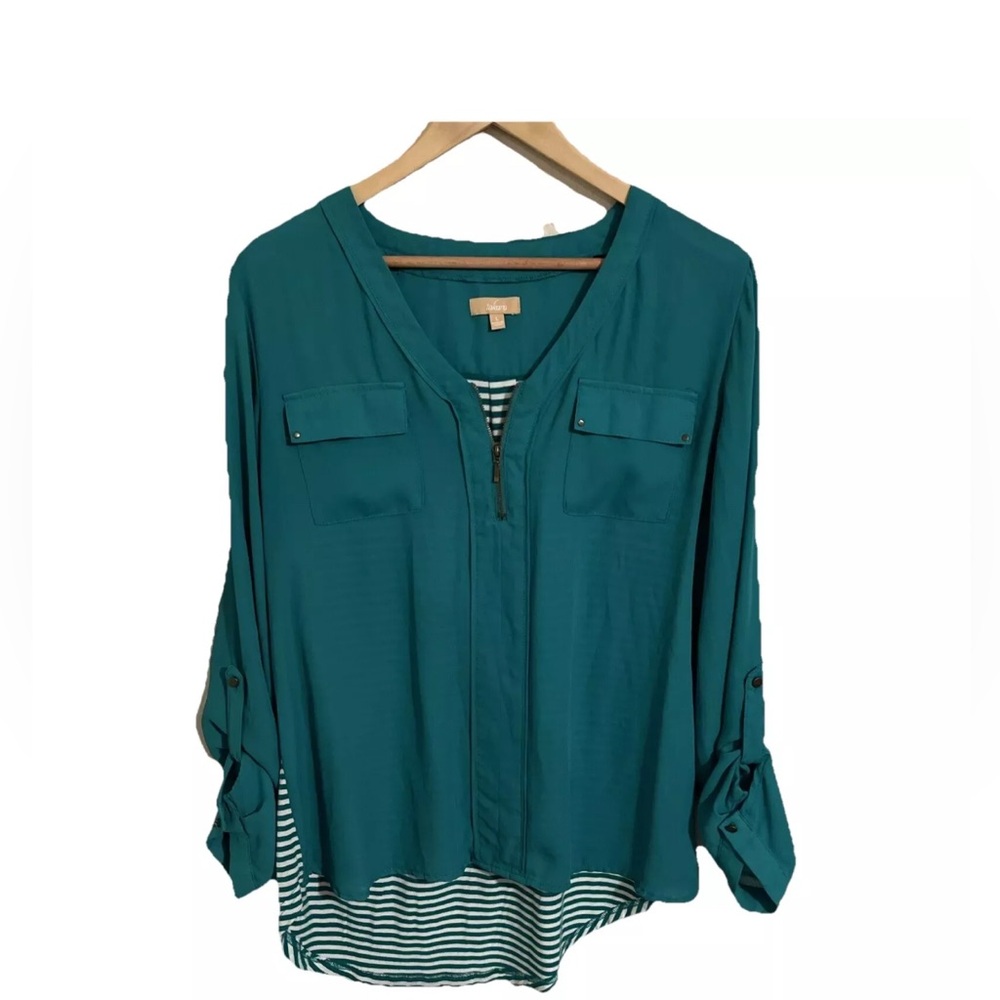 Green Takara Blouse Womens Lg  Roll Tab 3/4 Sleeve 1/4 Zip V-Neck Pocket Modern